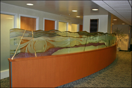Laminated bent glass partition with carved and painted detail, Sibley Hospital, Washington, DC.